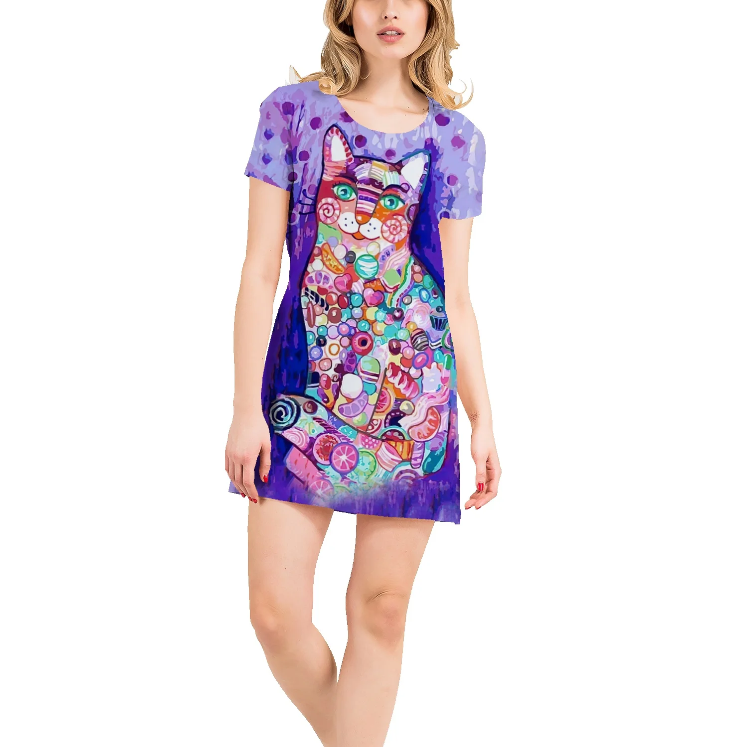 

2022 girls' t-shirt skirt round neck loose color 3D printing women's T-shirt owl Indian totem women's short-sleeved top