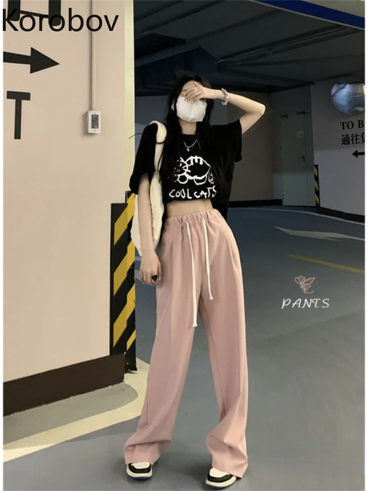 

Korobov Leisure Female Summer Loose Wide Leg Pants Drawstring Elastic Waist Lace Thin Straight Pants Solid Pantalones De Mujer