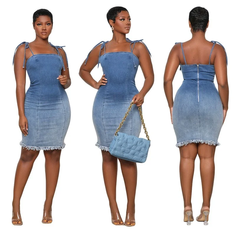 

Tassel Denim Dress Summer Women Bow Spaghetti Strap Sleeveless Bodycon Jeans Mini Dresses Female Sexy Backless Knee-Length Dress
