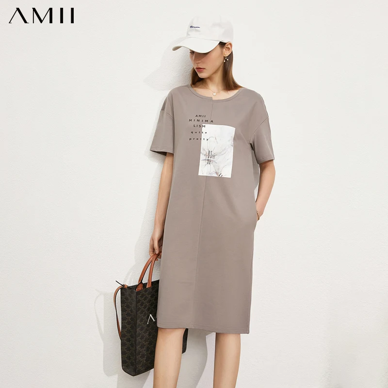 

Amii Minimalism Summer New Fashion Dress For Women Streetwear 100%cotton Oneck Printed Aline Women's Summer Dress 12140586