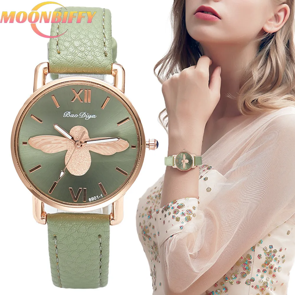 

Simple Little Bee Design Women Watches Vintage Green Leather Ladies Luxury Wristwatches Fashion Casual Female Quartz Clock 2022