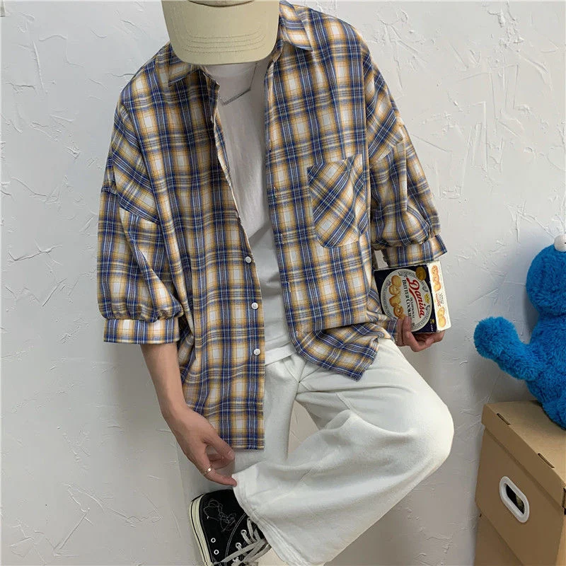 Summer 3 Color Short Sleeve Shirt Men Fashion Retro Plaid Shirt Mens Japanese Streetwear Pocket Loose Casual Shirt Men M-2XL