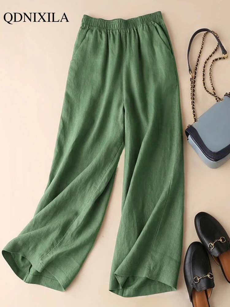 

2023 Summer Cotton Linen Women's Wide Leg Pants High Waist Solid Woman Capris Pants Saggy Casual Loose Oversize Flared Trousers