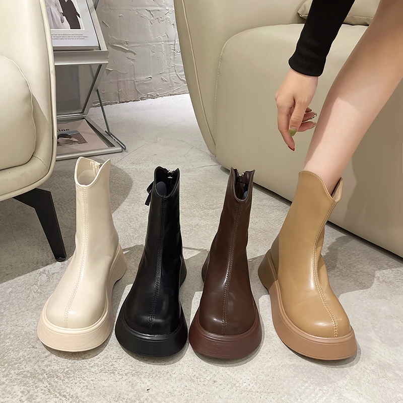 

Women's Sneakers With Platform Shoes Thick Sole 2022 Mid-Calf Basic Rome Rubber Flock Solid Fabric Low Round Toe Hoof Heels Slip