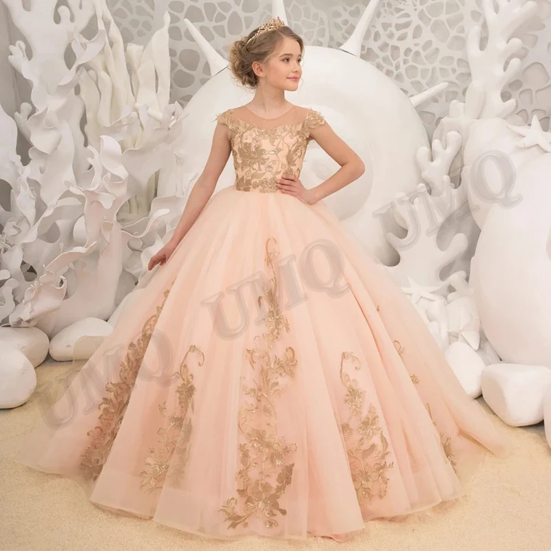 

Light Peach Toddler Birthday Flower Girl Dress Golden Appliques Button Teen Wedding Party Dresses Fashion Show First Communion