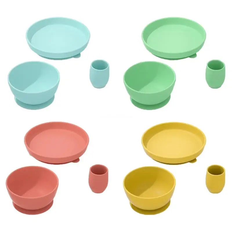 

3 Pcs Baby Feeding Silicone Waterproof Non-Slip Suction Bowl + Dinner Plate + Drink Cup Set Training Tableware Utensils