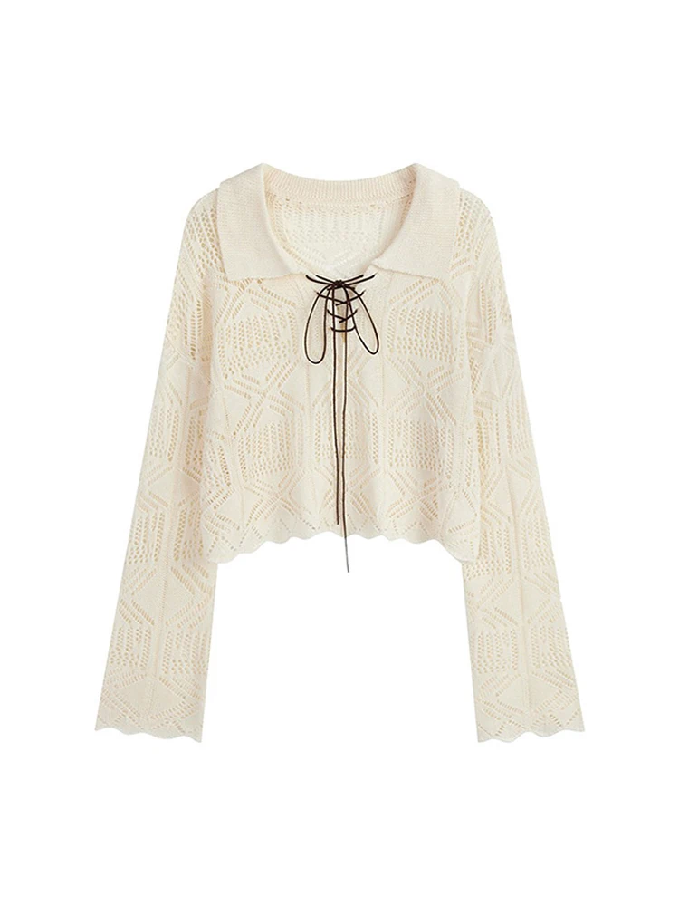 

Women Retro Solid Color Hollow Out Design Knitted Tee 2000s Lapel Long Sleeve Bandage Female T-shirt Vintage Tie Up Simple Basic
