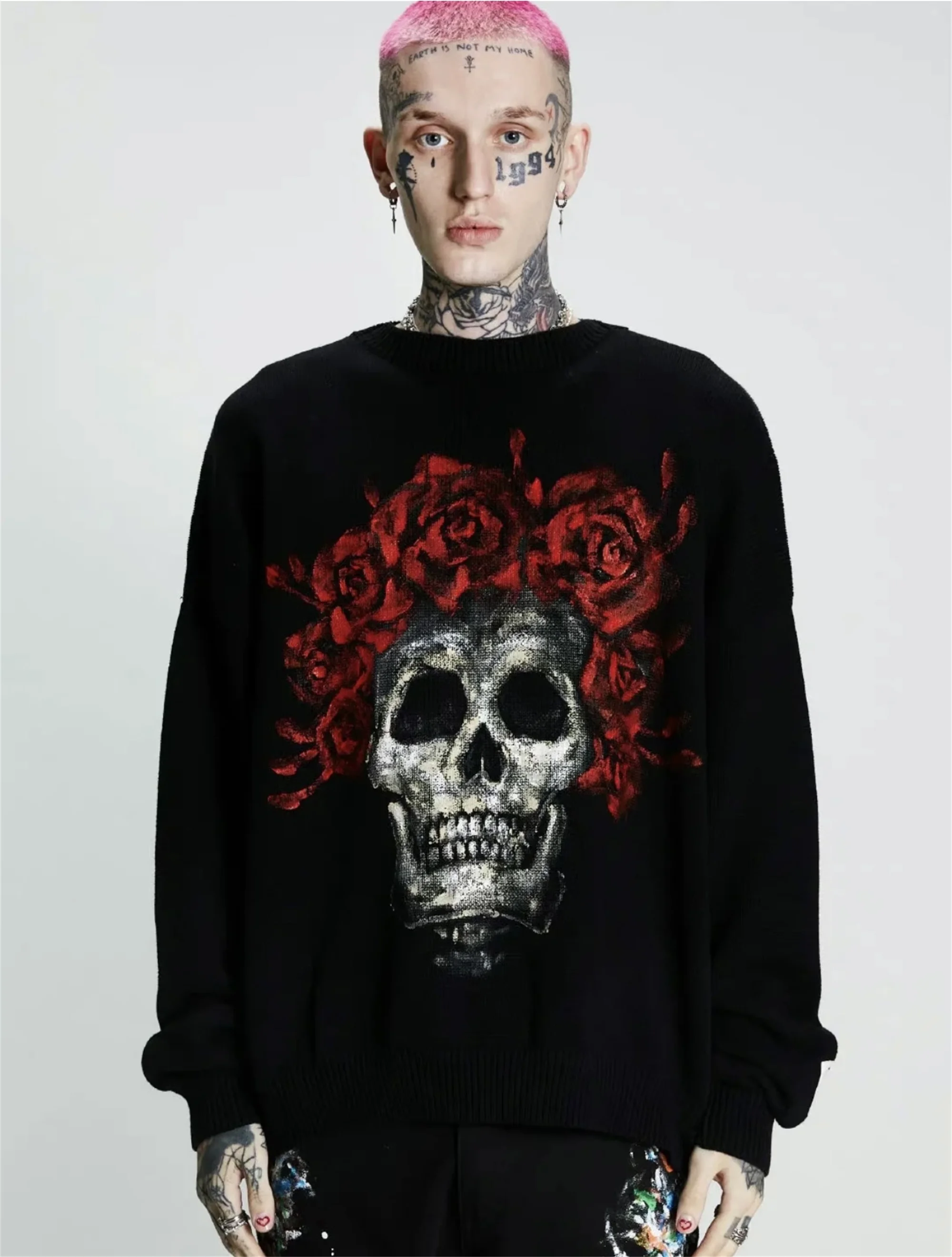 Винтажный Повседневный хлопковый пуловер в стиле High-Street с изображением черепа