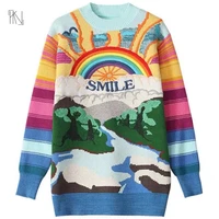 rainbow jacquard embroidered long sleeved knitted pullover 2022 autumn new women french round neck loose colour blocking jumper