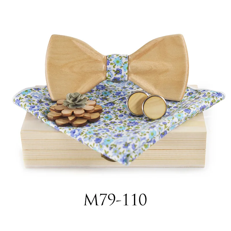 Mans Luxury Wooden Bowtie Floral Handmade Brooches Pin Square Towel Wedding Bussiness Party Apparel Accessories Bow Gift Box