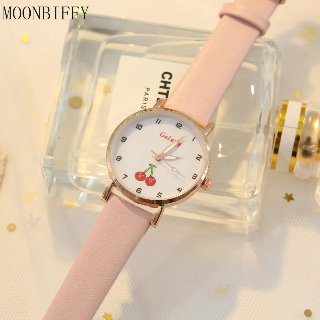

2022 New Kids Watch Children Quartz PU Leather Strap Watches Lovely Cherry Elementary School Student Cute Girls Watch Reloj