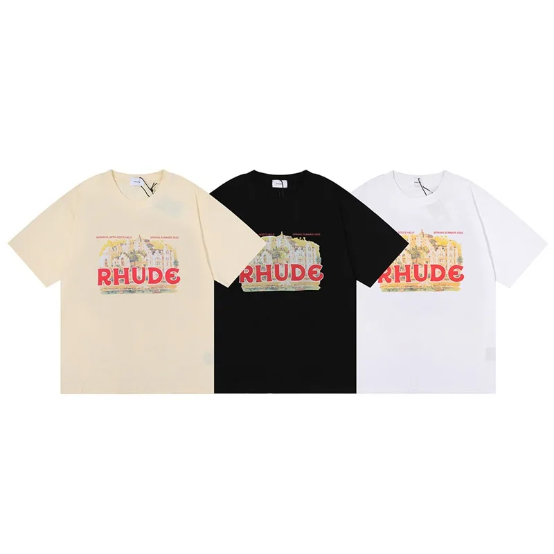 

RHUDE T-shirts 22SS Men Women 1:1 Best Quality Summer Men's Castle Graphics Print Short Sleeve Tops Tees T-Shirt T Shirts