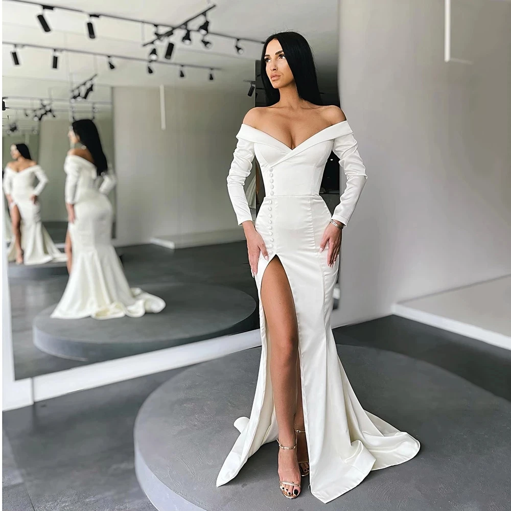 

Sexy Long Sleeved V-neck Women's Party Evening Dress High Slit Backless Elegant Fashion Button Off Shoulder Vestidos De Noche