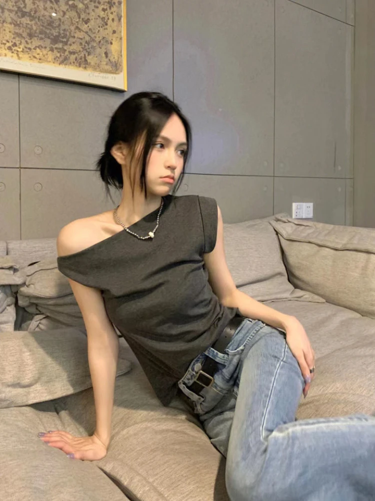 

ADAgirl Y2k Sexy Irregular Off Shoulder T-shirt Women Sleeveless Crop Top Tee Shirts Korean Fashion Casual High Street Wear Chic