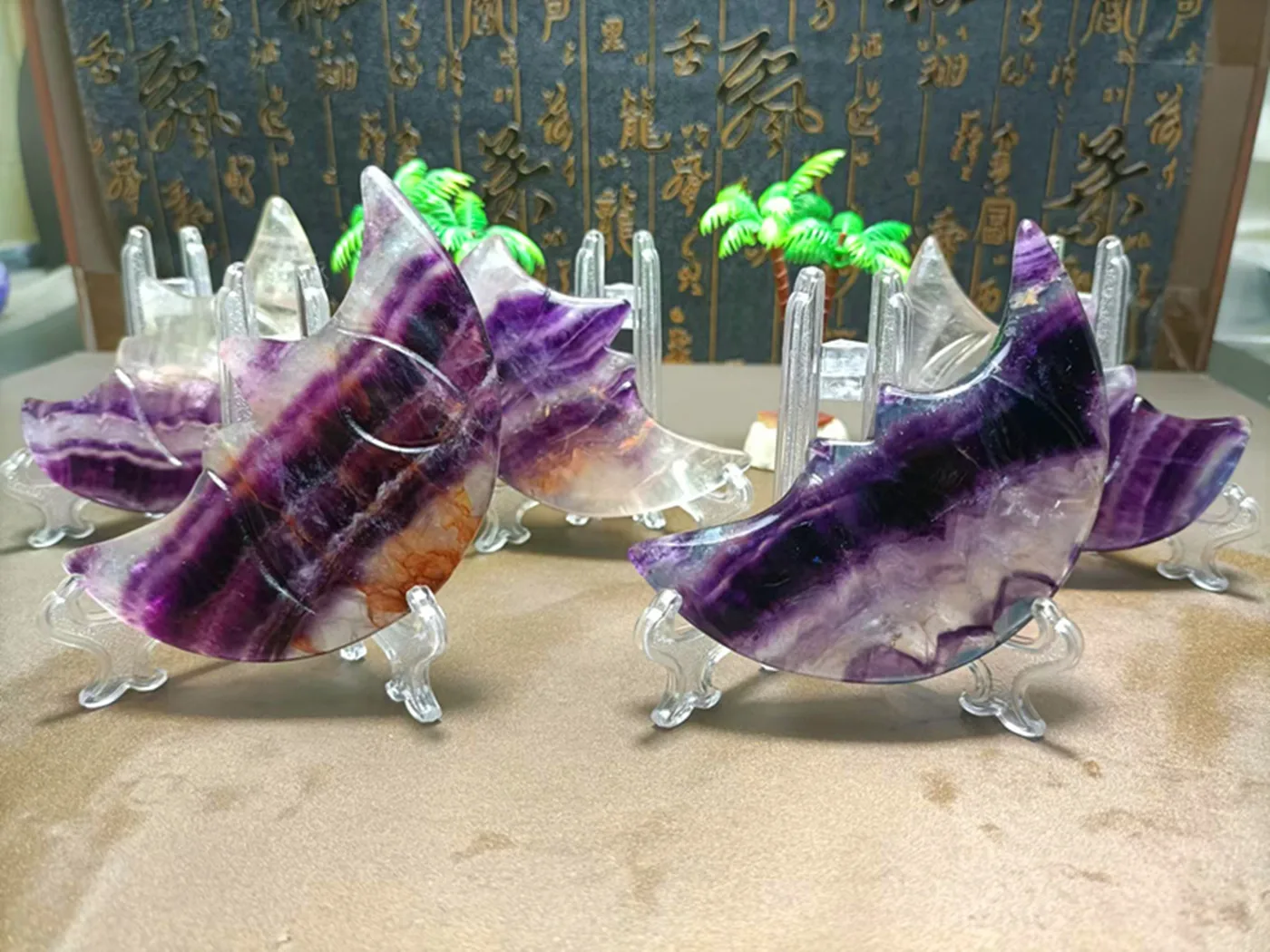 

Natural quartz crystal purple fluorite hand carved Moon Smile Reiki home Decor Energy Gem Chakra Healing as gift ++ send stand