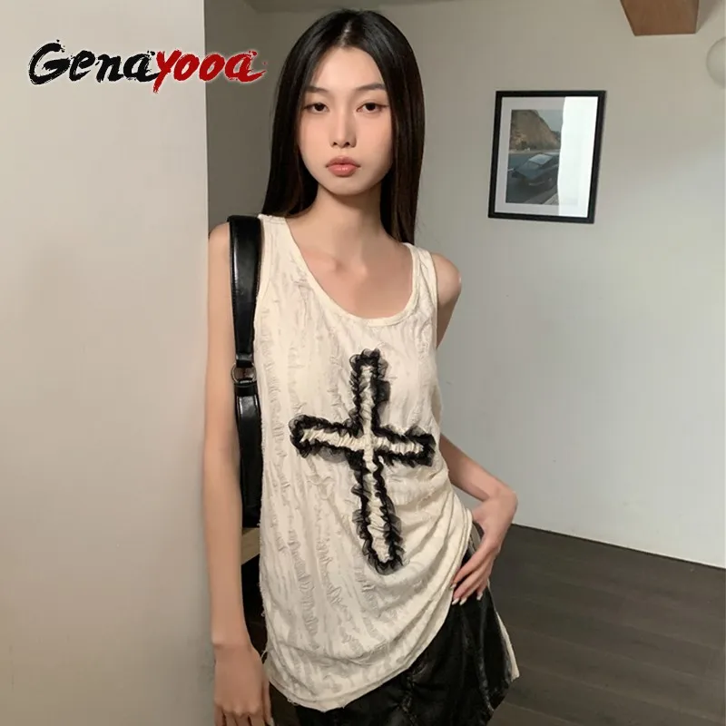 

Genayooa Embroidery Cross Tank Top Women Sleeveless Tshirt Lace Up Gothic Summer Top 2023 Subculture Punk Y2k Top Feminino Tank