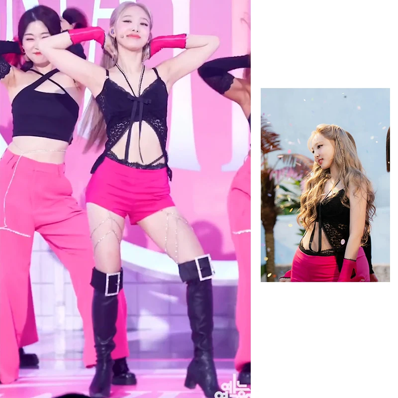 

Kpop TWICE Lim Na Yeon Jazz Dance Black Off-Shoulder Bow Sling Tube Top Vest+Red Sexy High Waist Slim Shorts Women Two Piece Set
