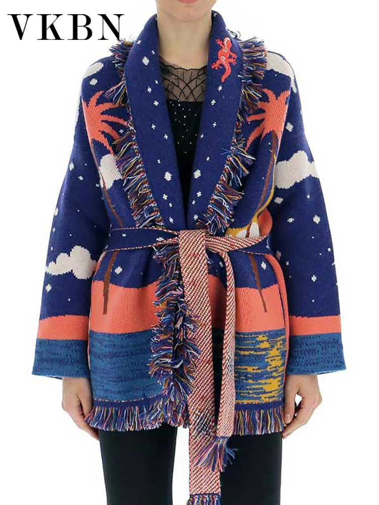 

WQJGR High Quality Cashmere Winter Jacket Women Wool Kniited Tassel Loose Blue Cardigan Sweater Women Full Sleeve