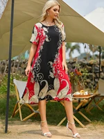 printed patchwork swing dresses woman spring summer 2022 crew neck short sleeve loose plus size womens summer long dress 4xl