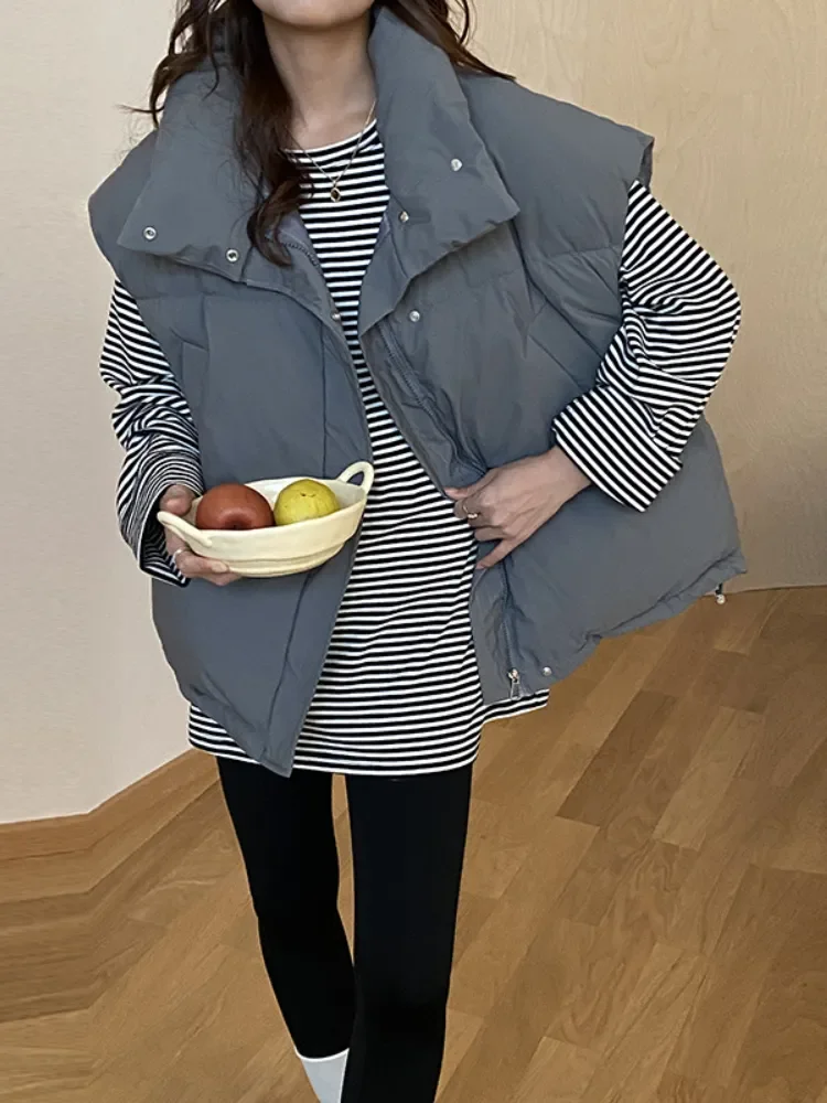 

Standing Collar Sleeveless Jacket Women Loose Thickened Women's Warm Vest Creamy-white Autumn and Winter New Padded Jacket Coat