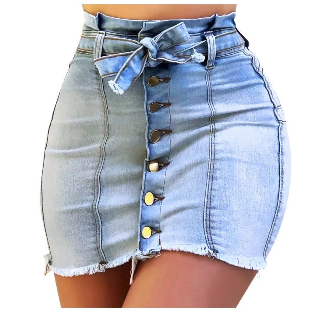 

Skirt Slim Denim Button Casual Women's Solid Color Upskirt Sexy Lace-up Skinny Skirt