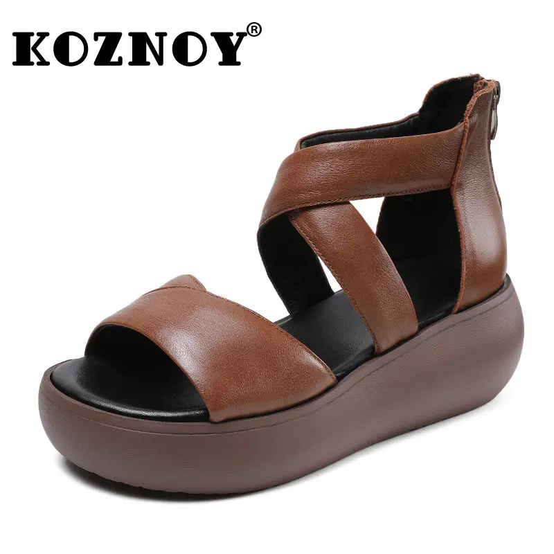 

Koznoy 6cm Sandals Women Moccasins British ZIP Natural Genuine Leather Summer Platform Wedge Ladies Loafer ROME Mary Jane Shoes