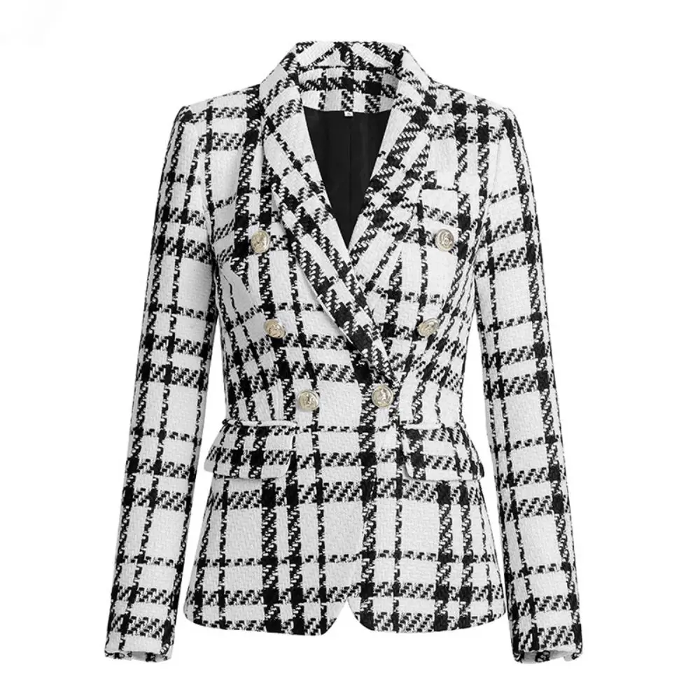Luxury European Design Blazer For Women Thick Winter Tweed Plaid Jacket Slim High Quality Casual Classic All-match Female Coat
