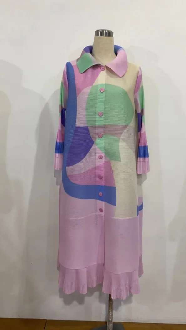 

Женское плиссированное платье миаке, длинный кардиган розового цвета с воротником с лацканами в западном стиле на осень