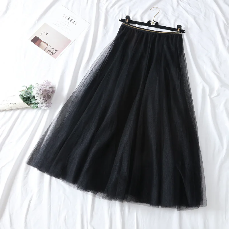 

TFETTERS Black Pleated Skirt Women Double Layer Mesh High Waist Skirt 2022 Spring and Autumn New Korean Joker Medieval Skirt