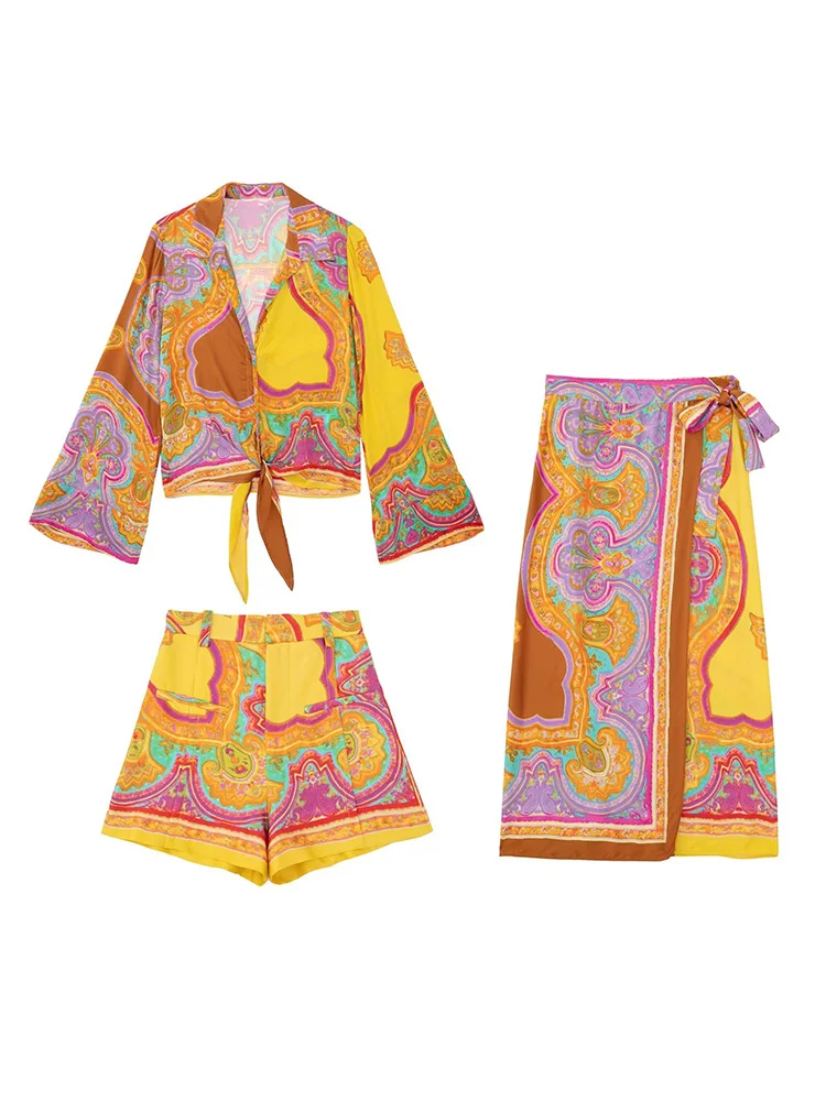 

2000 summer women's fashion new bow-tie lace-up printed shirt lapel single-breasted long-sleeved casual design short shirt