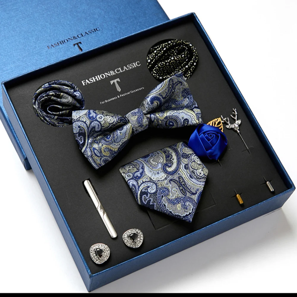 

Male Tie Set Luxury Gift Box Festive Present bow tie Necktie Men cufflinks Cravat Pocket Squares Towel/Scarf