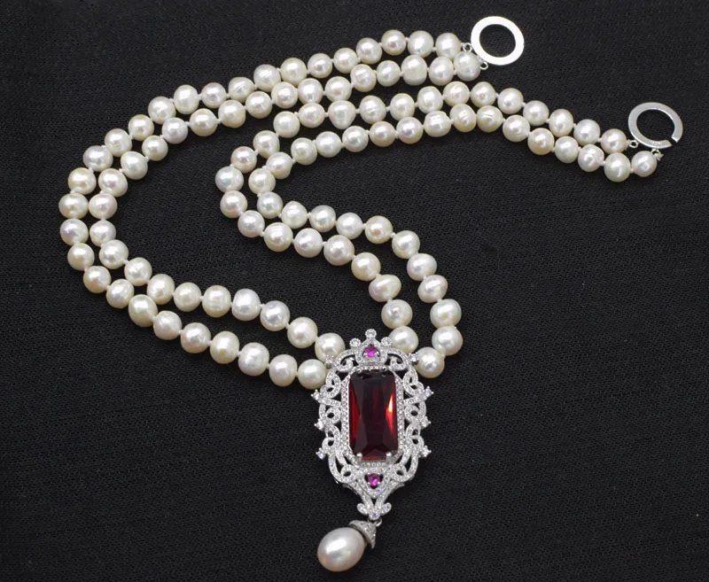 2rows freshwater pearl white near round 8-9mm necklace red zircon nature beads wholesale 17-18inch