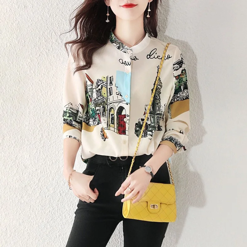Vintage Printed Spliced O-Neck Casual Chiffon Shirt Women's Clothing 2023 New Commute Tops Loose Office Lady Blouse