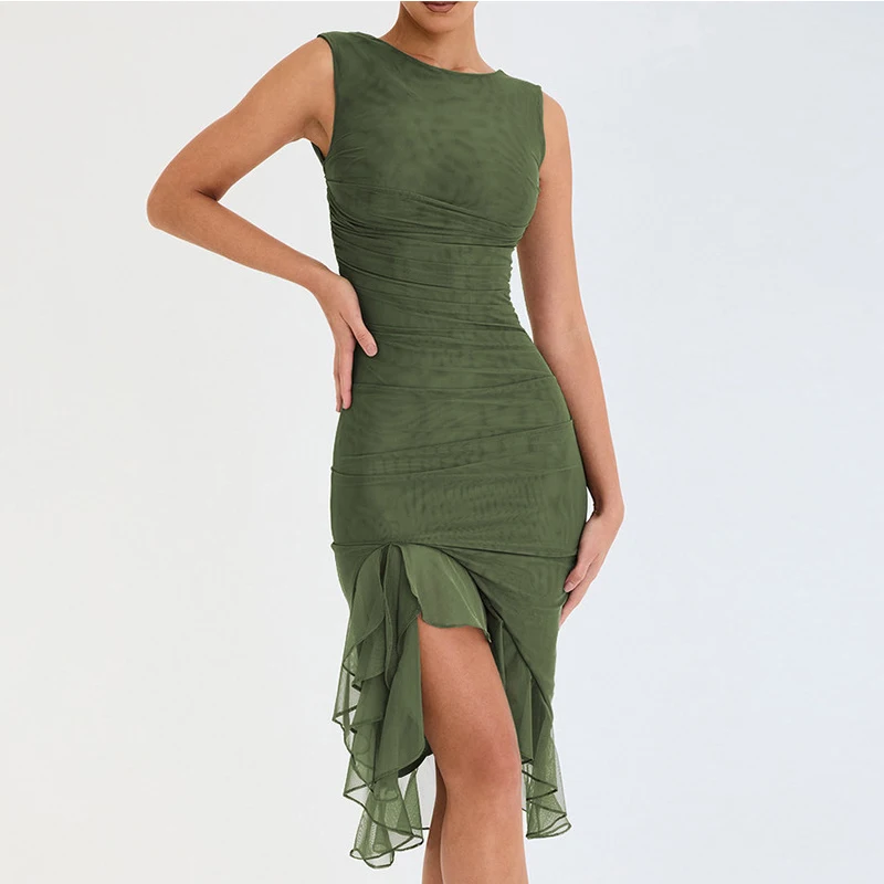 Сексуальное платье без рукавов женское миди с круглым вырезом и рюшами летнее
