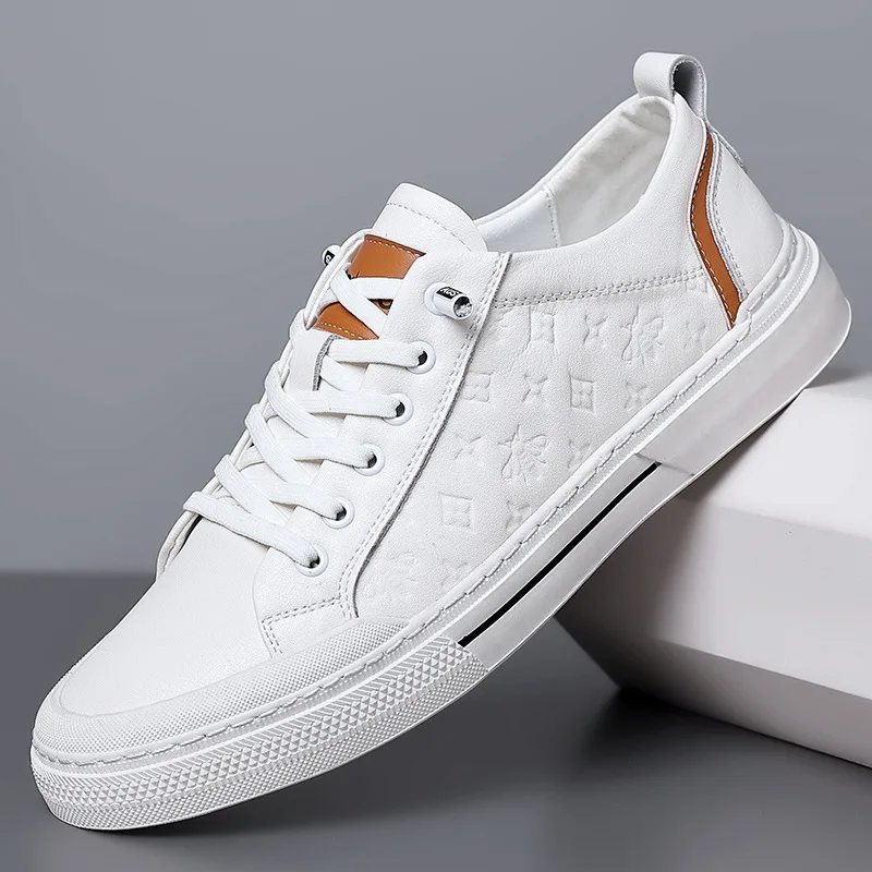 

2023 New Men Genuine Leather Casual Shoes Fashion Knurling Flats Skateboard Shoes Street Soft Leather Sneakers