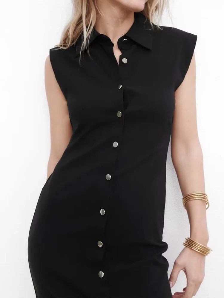 

New Women's 2023 Sleeveless Polo Dress Gold breasted Front Closed Fit Mid Length Dress