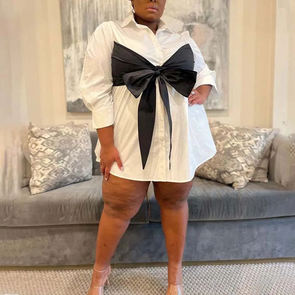 

Plus Size Shirts Dresses for Women Bow Decoration Full Sleeve Fashion Elegant Evening Night Party Dinner Vestidos Mujer Dress