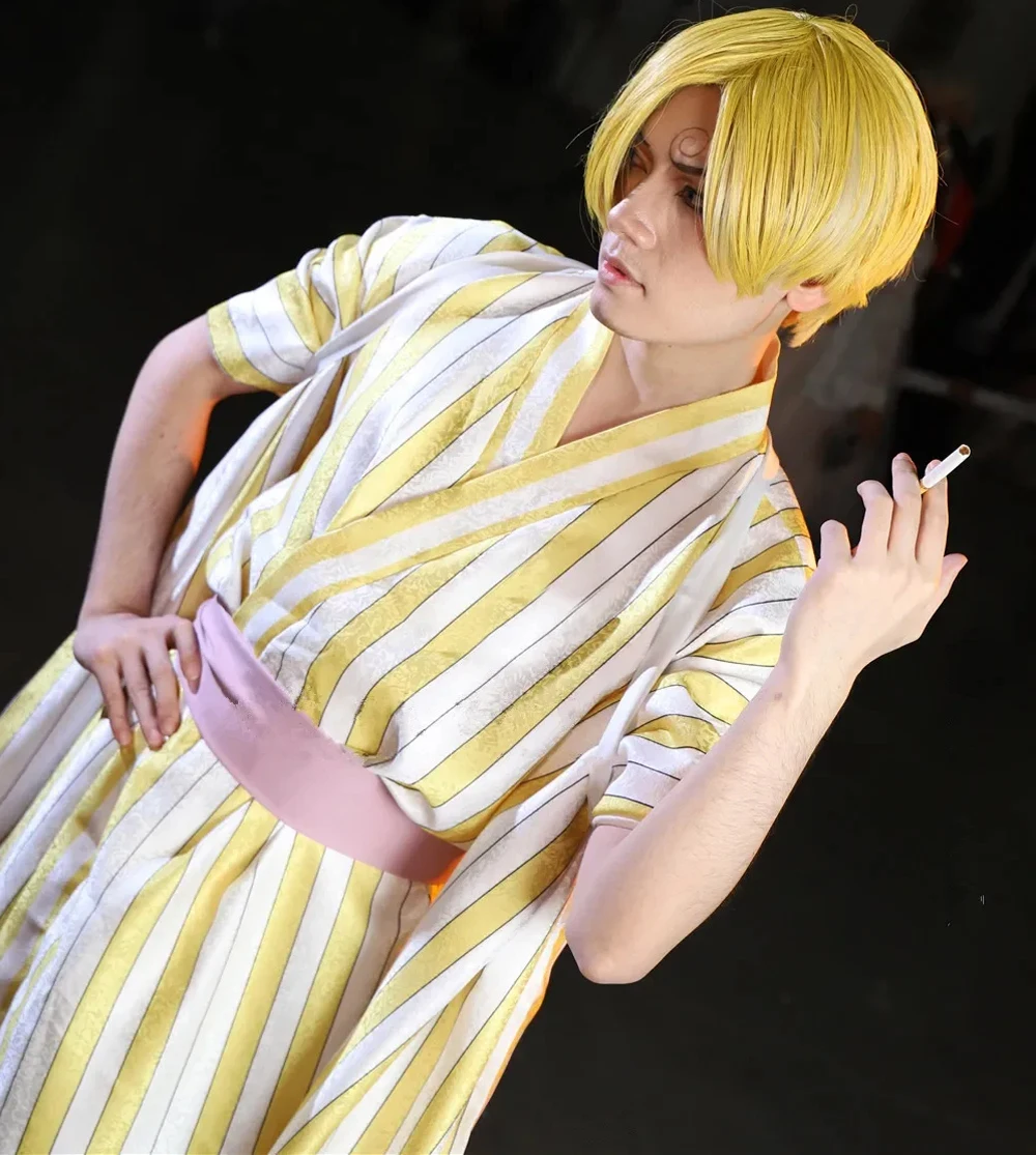 Фото Аниме Wano Country Vinsmoke Man Sanji Косплей Костюм Мужчины Кимоно Парики Полный комплект Wafuku Косплей Костюмы для Хэллоуина Костюм №3