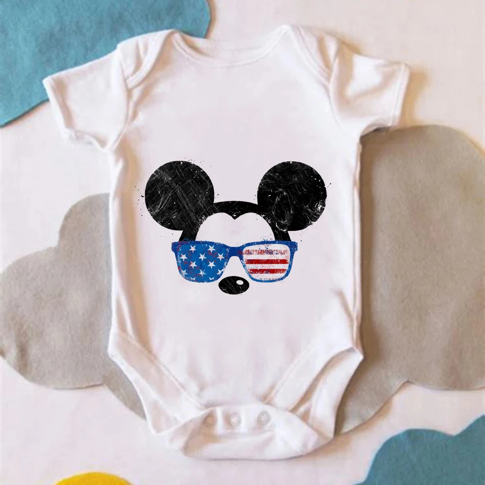 

Mickey Mouse Head Print Baby Onesie Disney White Jumpsuit Summer Hot Selling Sunglasses Series 0.24M Size Girl Boy Romper Trendy