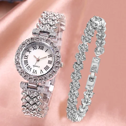 Роскошные женские блестящие часы с браслетом, комплект из 2 предметов, часы из розового золота, модные женские элегантные кварцевые наручные часы со стразами, женские часы