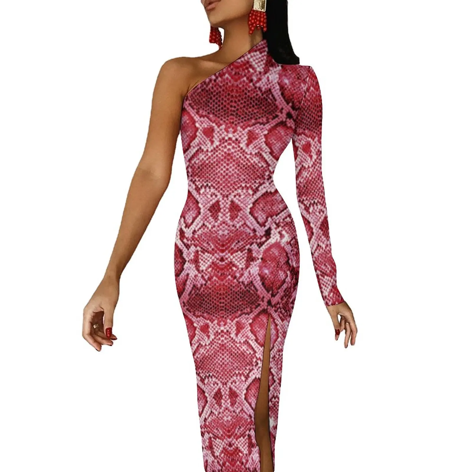 

Pink Snakeskin Bodycon Dress Autumn Animal Python Print Cute High Slit Long Dresses Womens One Shoulder Trendy Party Dress