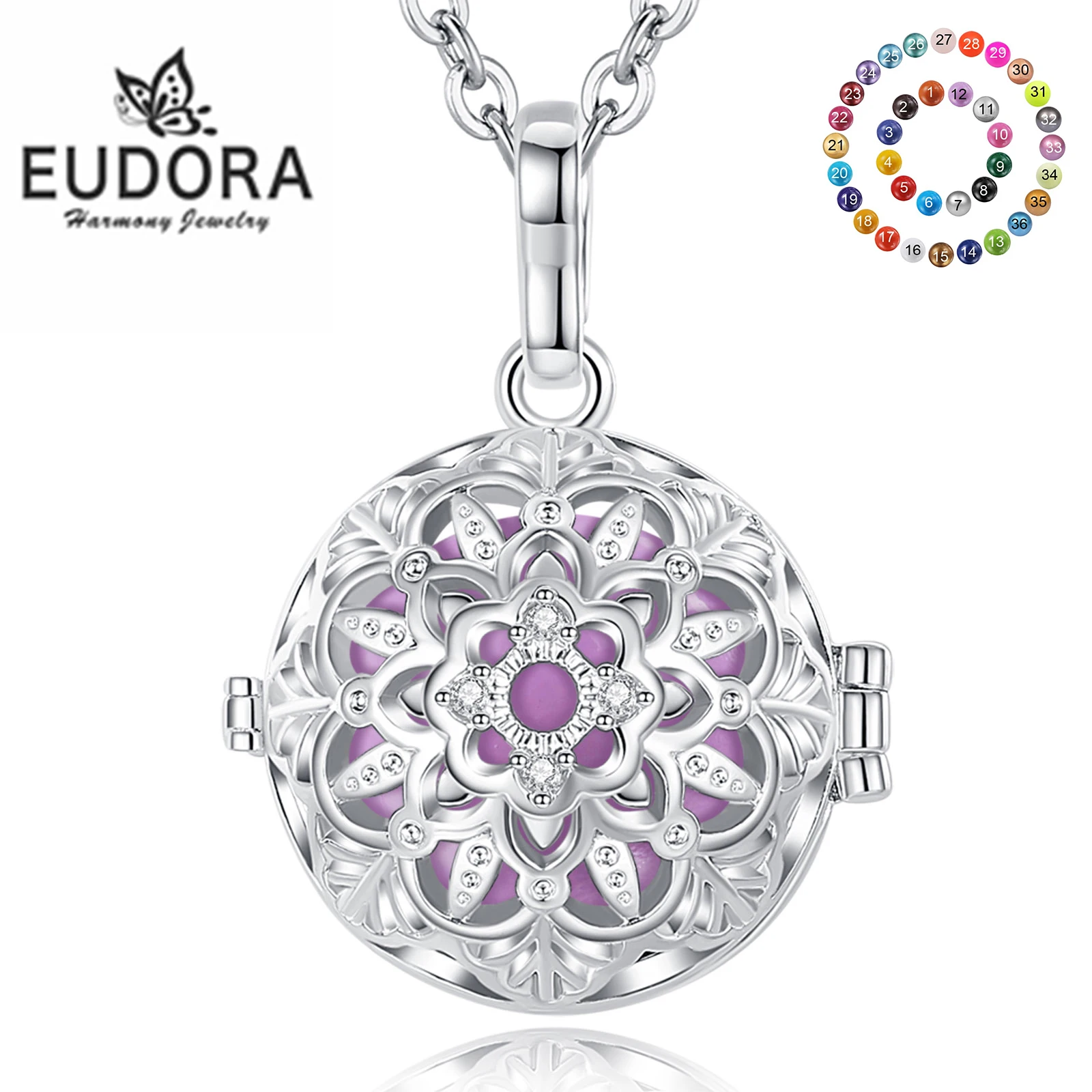 

Eudora 18mm Harmony Ball Chime Bell Pendant Lotus Flower Cage Angel Caller Pregnancy Bola Necklace Fashion Jewelry for Women gif
