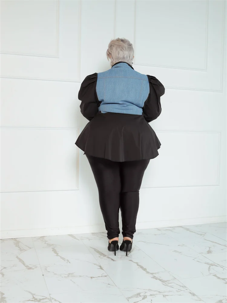 Plus Size Two Piece Outfits Women Solid Patchwork Puff Sleeve Leggings Sets Fashion Matching Suit Whol 3xl 4xl 5xl 6xl