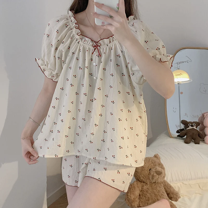 CAIYIER Summer Koream Cherry Print Pajama Set Slash Neck Kawaii Short Sleeve Shorts Sleepwear Soft Sexy Nightwear Women Homewear