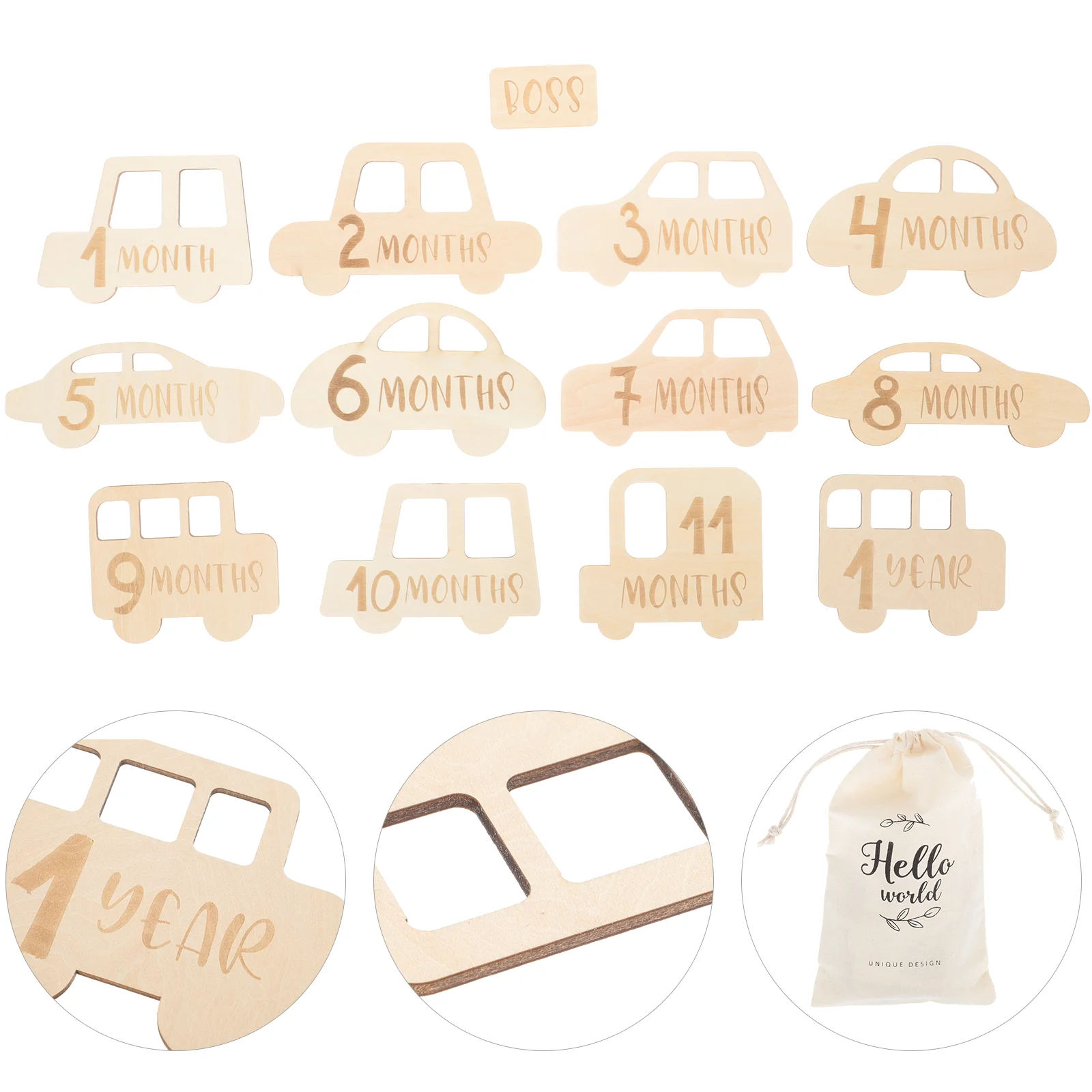 

13 Pcs Photo Props The Month Babyautomotive Wooden Milestone Signs Discs Circles Cards