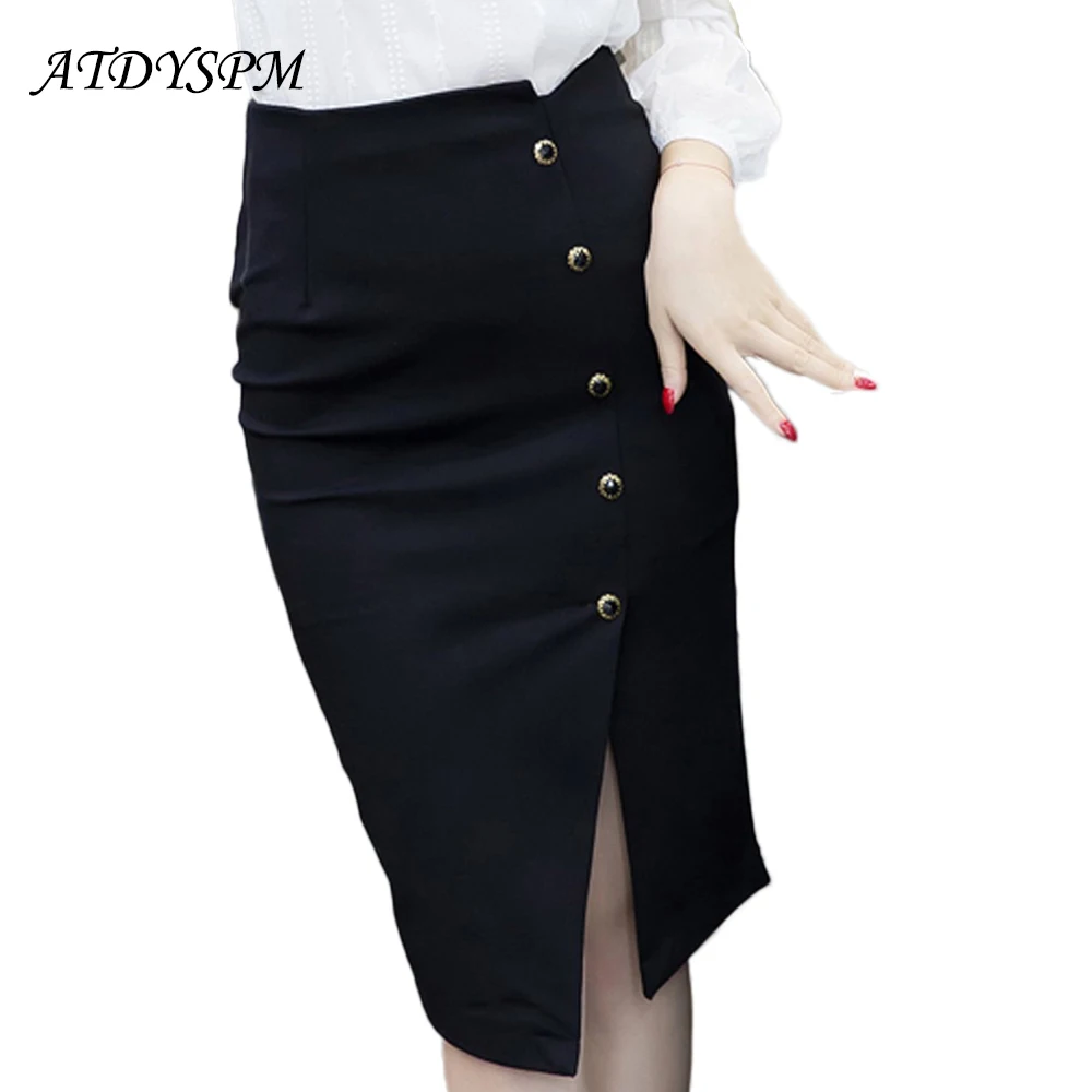 

Elegant Midi Skirt For Women Vintage Breasted Slit Pencil Skirt Plus Size High Waisted Women Skirts Stretch Bandage OL Skirt