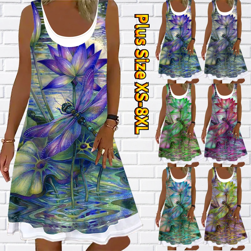 

Flower Pattern Dress Summer Women's Fashion Dragonfly Print Skirt Vintage Off-the-shoulder Dress Round Neck Character MIDI Dress