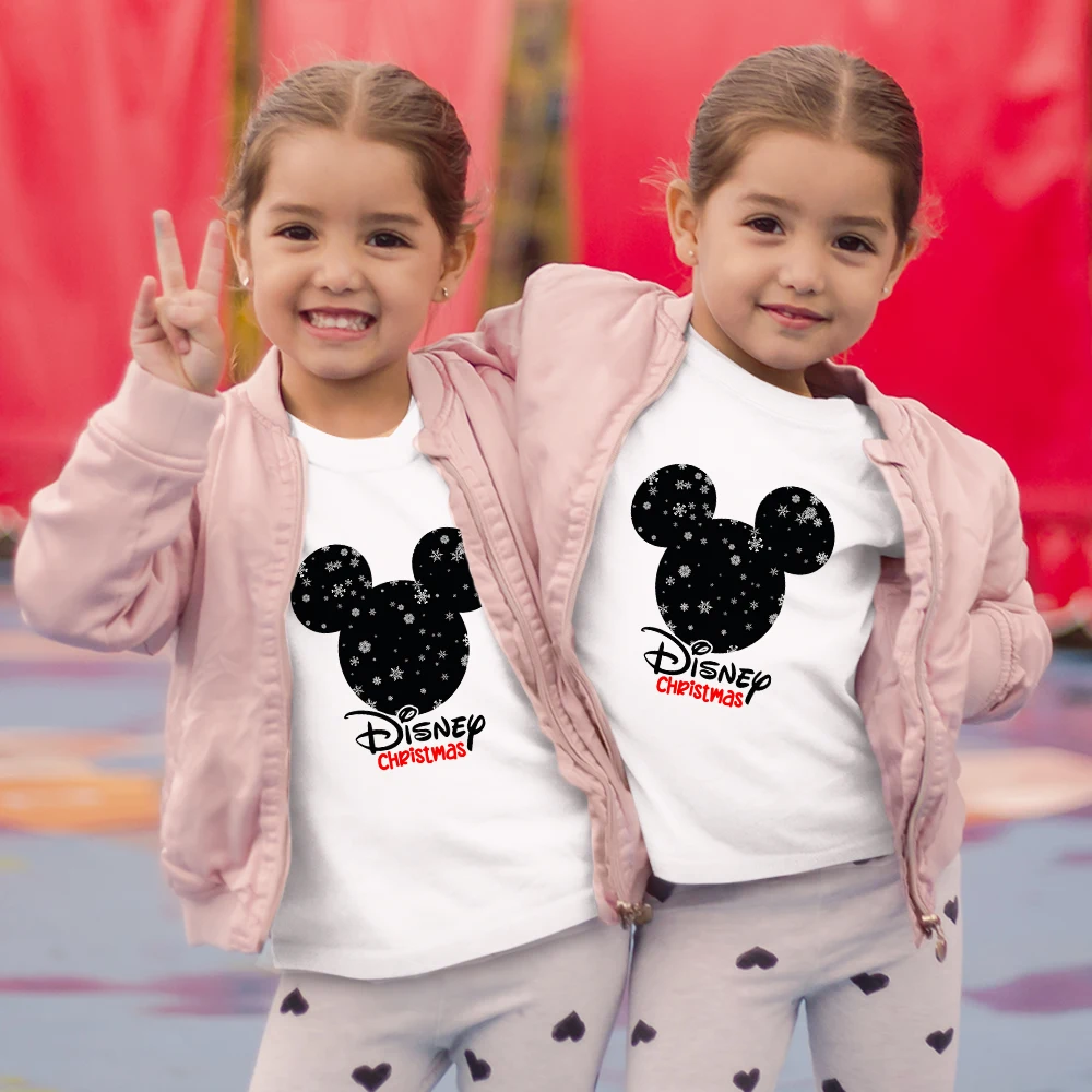 

Disney Christmas Print Mickey Head Graphci Short Sleeve Brother Sister Costume 3-12 Years Y2K Girls Clothes Trendy Kid Comfy Tee