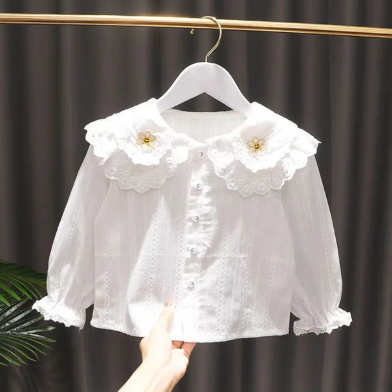 

Детская футболка на пуговицах с кружевным воротником, на возраст 1-6 лет