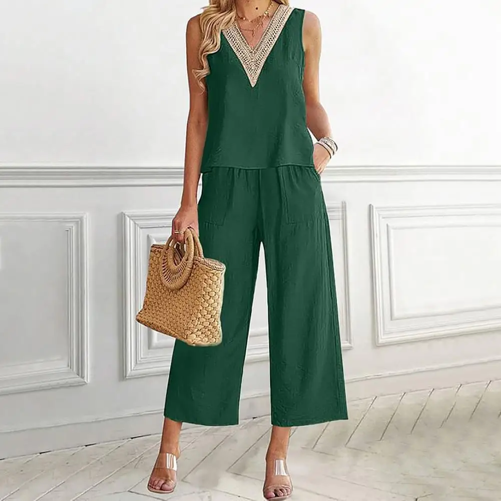 

Lace Stitching Vest Long Pants Set Chic Lace Stitching Vest Wide Leg Pants Set Fashionable Women's Streetwear with Loose for A